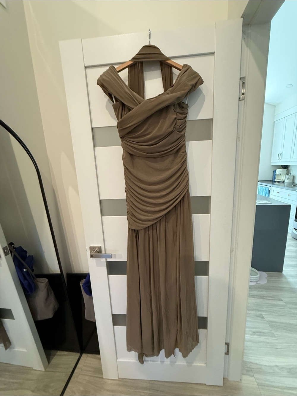 Elegant Taupe Ruched Off-the-Shoulder Evening Dress
